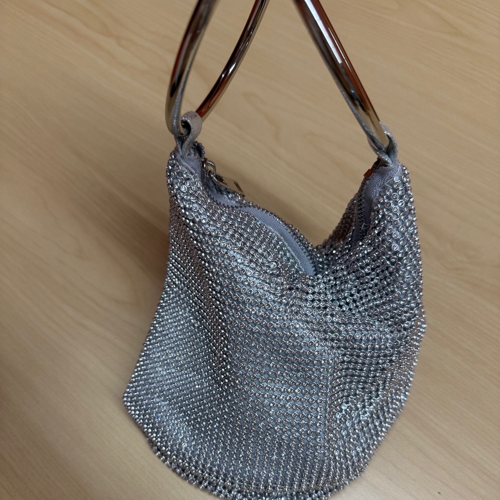 I.N.C. Silver Rhinestone Mini Evening Bag with Metal Ring Handles